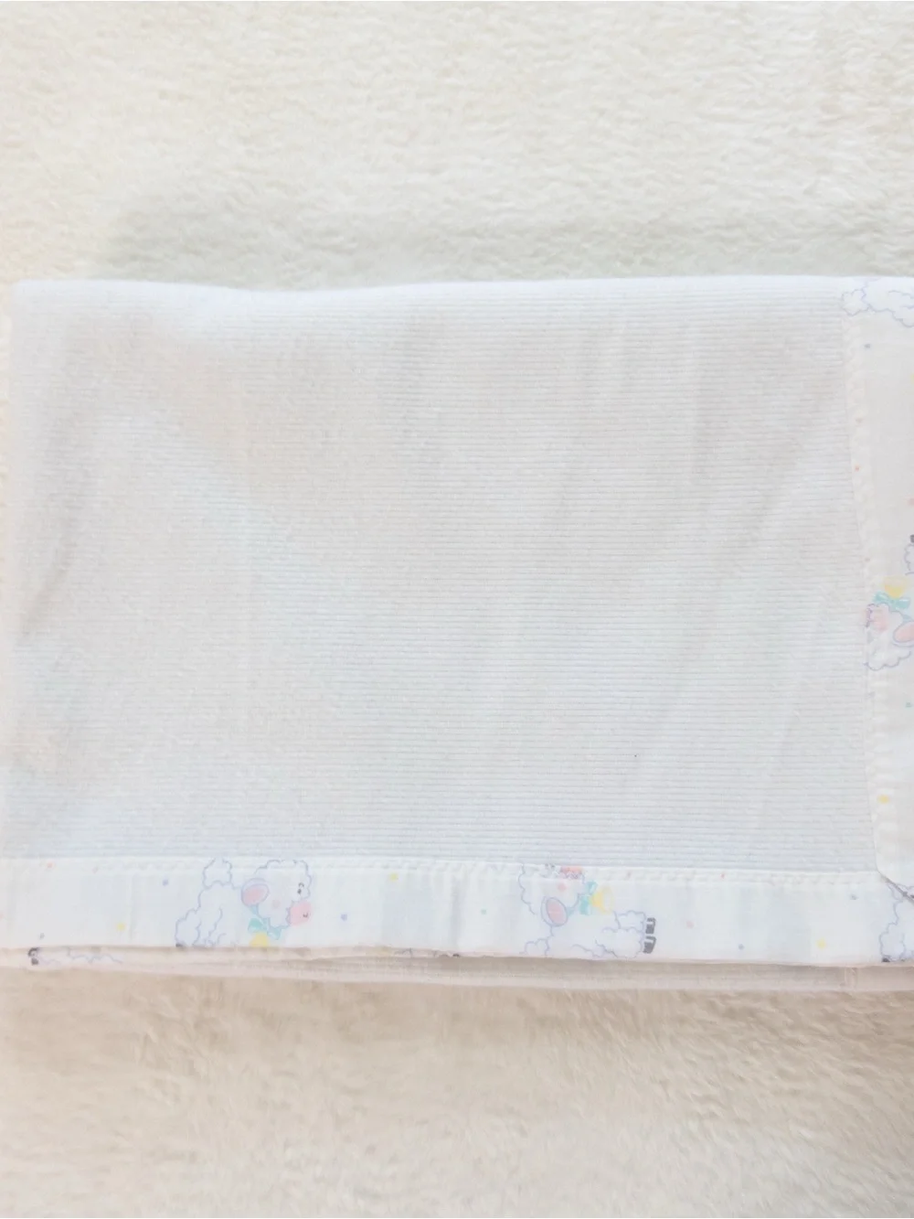 Vintage 90s Crib Blanket Lamb Print Trim White Cotton Baby Blanket 52”x34.5”
